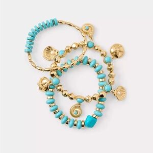 Lilly Pulitzer Set 3 Shell Shine Bracelet Stack Gold Turquoise Beads Charms $89